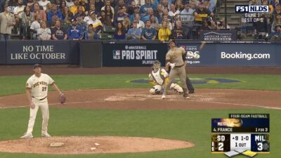 Padres' Ty France looks on at his fly ball in Game 1 of the 2026 NLDS against the Brewers