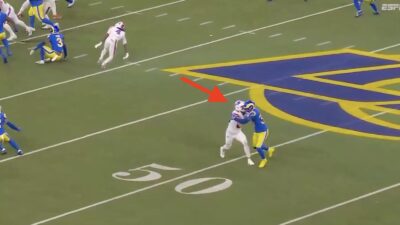 Rams safety Quentin Lake committing defensive pass interference against Bills tight end Dalton Kincaid that went uncalled