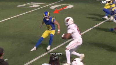 Rams kicker Blake Grupe trying to tackle Cardinals kickoff returner Devin Duvernay
