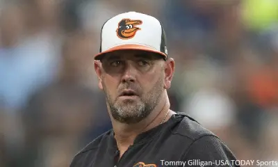 Brandon Hyde in his Orioles hat