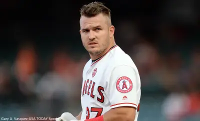 Mike Trout looks on
