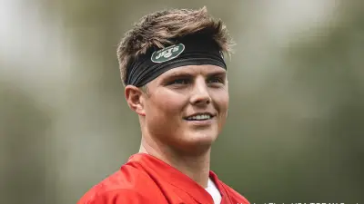 Zach Wilson in a Jets practice jersey