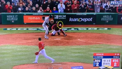 Still shot shows a Nathan Eovaldi pitch to Jason Castro