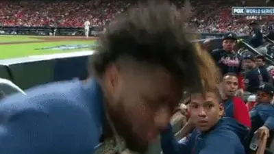 Ronald Acuña ducking a foul ball