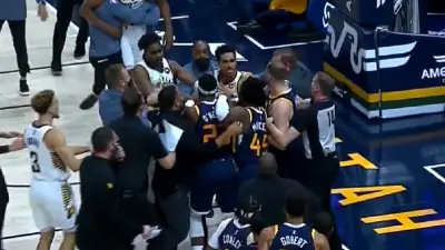 Jazz and Pacers in a scrum