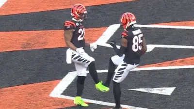 Joe Mixon and Tee Higgins celebrate a touchdown