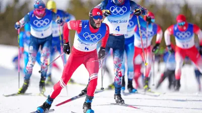 Cross-country skiers race at the Beijing Olympics