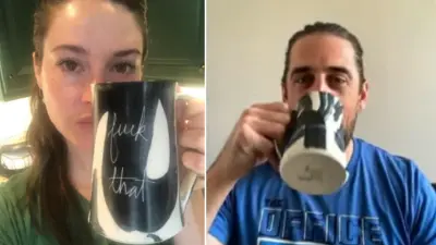 Aaron Rodgers and Shailene Woodley holding mugs