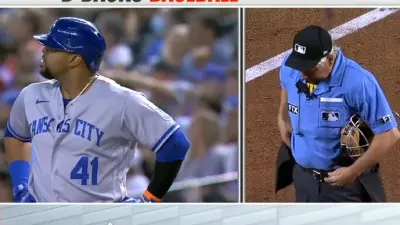 Split screen of a Royals player and an umpire