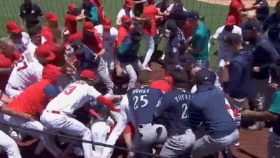 The Angels and Mariners in a bench clearing brawl
