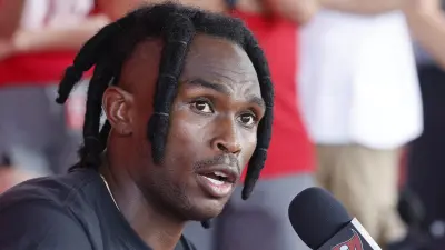 Julio Jones talks to the media