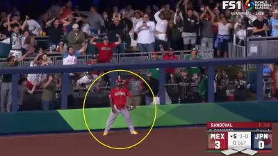 Randy Arozarena poses after a catch