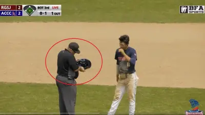 An umpire holds a helmet