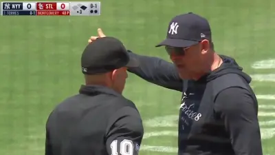 Aaron Boone points at an umpire