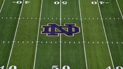 The Notre Dame logo on the field