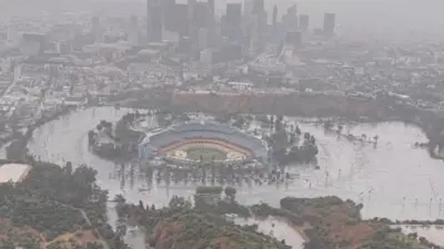 Dodger Stadium in the rain