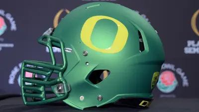 An Oregon Ducks football helmet