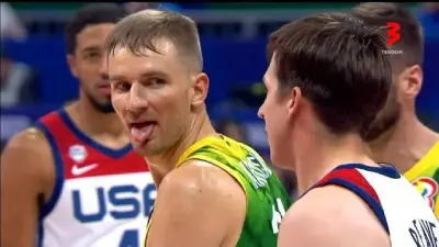 Vaidas Kariniauskas sticking his tongue at Austin Reaves