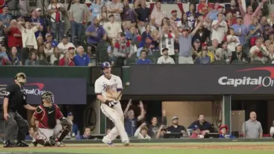 Corey Seager celebrating his home run in the 9th inning of Rangers-Diamondbacks during Game 1 of the World Series