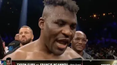 Francis Ngannou during the postfight interview after losing to Tyson Fury