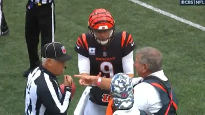 Joe Burrow talks with an official