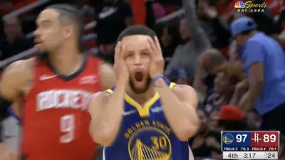 Steph Curry looking shocked after he crossed up Dillon Brooks late in a Warriors-Rockets game
