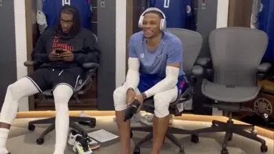 Terance Mann glaring at James Harden in Clippers' locker room
