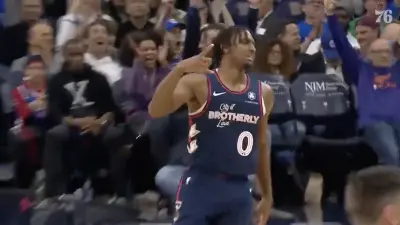 76ers guard Tyrese Maxey copies James Harden's celebration after a made three