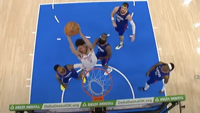 Thunder rookie Chet Holmgren with a self alley-oop over Clippers defenders