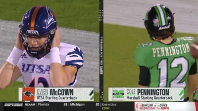 Owen McCown and Cole Pennington warm up before a bowl game