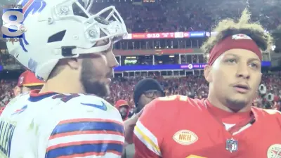 Patrick Mahomes talking to Josh Allen after a Chiefs-Bills game