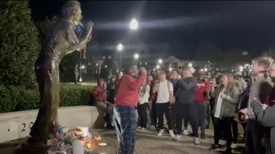Alabama students chanting against Dabo Swinney in front of Nick Saban's statue