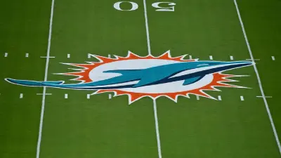 The logo of the Miami Dolphins at midfield