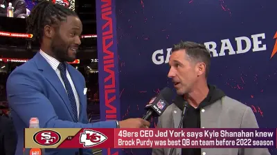 49ers head coach Kyle Shanahan being interviewed