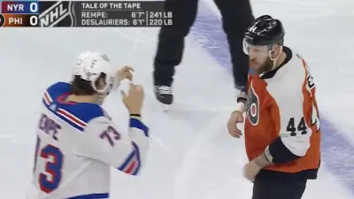 Matt Rempe and Nicolas Deslauriers fight