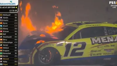 Ryan Blaney's car on fire at Daytona 500