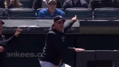 Aaron Boone points at a fan