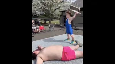 two fighters in a ring during a wrestling gender reveal party