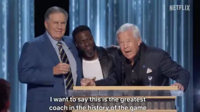 Patriots icons Robert Kraft and Bill Belichick take a shot together during Tom Brady's roast