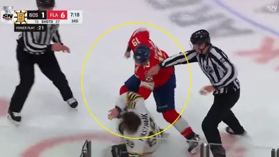 David Pastrnak and Matthew Tkachuck fight
