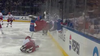 Martin Necas and Jacob Trouba nearly colliding during Game 2 of Rangers-Hurricanes