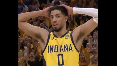 Pacers star Tyrese Haliburton with his hands on his head looking shocked