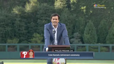 Cole Hamels speaking at his retirement ceremony