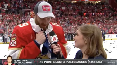 Panthers star Matthew Tkachuk gets interviewed after winning Stanley Cup Final
