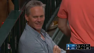 Craig Biggio smiling after his son hit a home run during Astros-Dodgers game