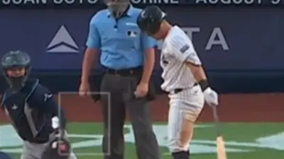 A Yankees player taking an at-bat