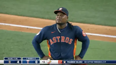 Astros pitcher Framber Valdez looking frustrated after losing his no-hitter against Corey Seager