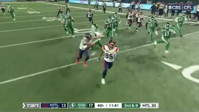 CFL wide receiver James Letcher Jr. has a house call TD after a missed field goal during Alouettes-Roughriders game