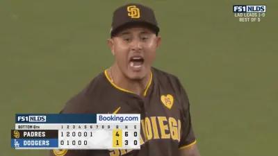Manny Machado looking angry during a Padres-Dodgers game