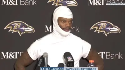 Ravens QB Lamar Jackson speaking at a press conference